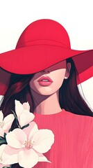 Artistic illustration of a woman wearing a hat and holding a hat