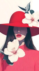 Artistic illustration of a woman wearing a hat and holding a hat