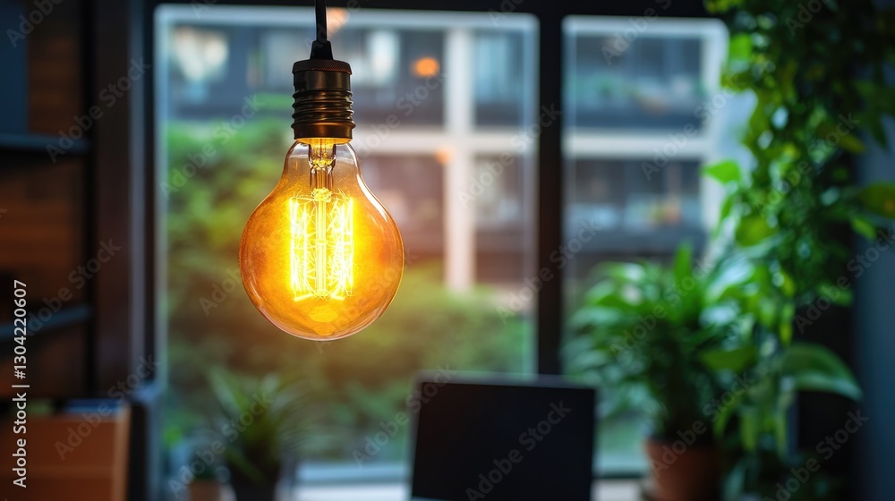 Aufkleber a glowing vintage bulb adding a warm, ambient light to a sleek office environment, creating a cozy y
