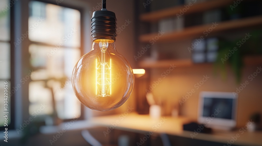 Poster a glowing vintage bulb adding a warm, ambient light to a sleek office environment, creating a cozy y