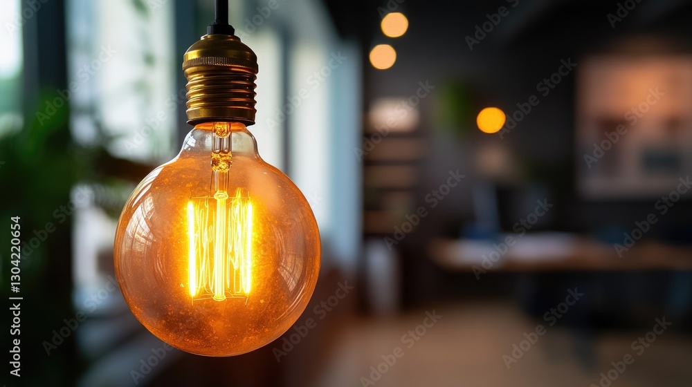 Poster a glowing vintage bulb adding a warm, ambient light to a sleek office environment, creating a cozy y