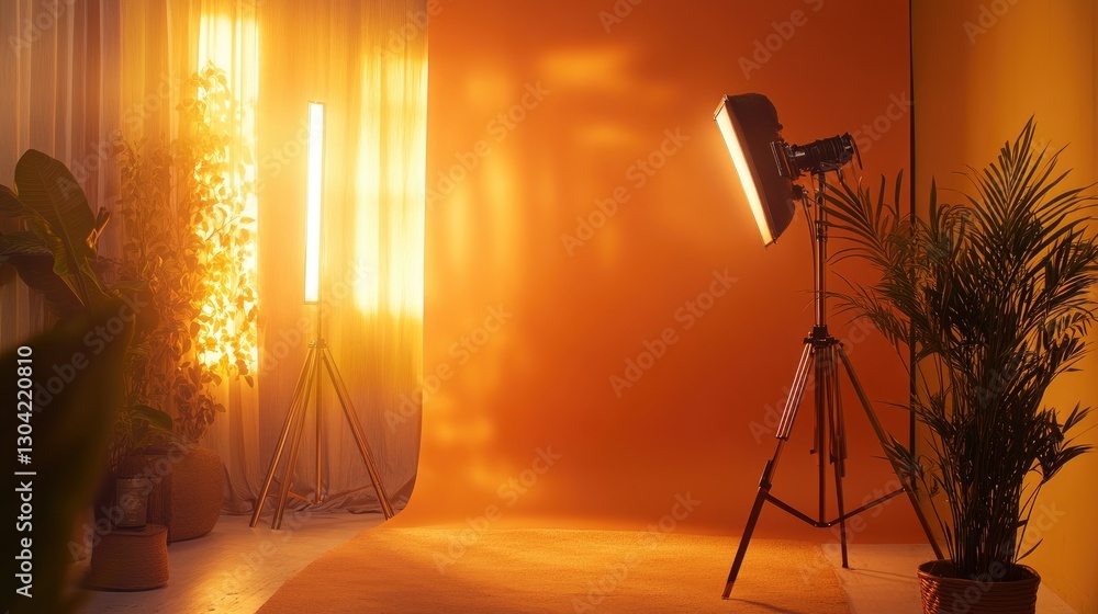 Poster a golden studio booth with soft light accents, evoking a warm and inviting atmosphere for creative p
