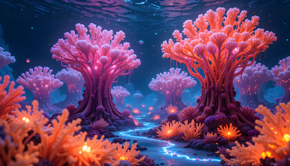 Bioluminescent Underwater-Inspired Abstract Scene with Radiant Neon Formations
