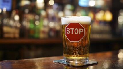 Beer glass with stop sign reflecting a warning about drinking responsibly in a lively bar setting. National Alcohol Awareness Month