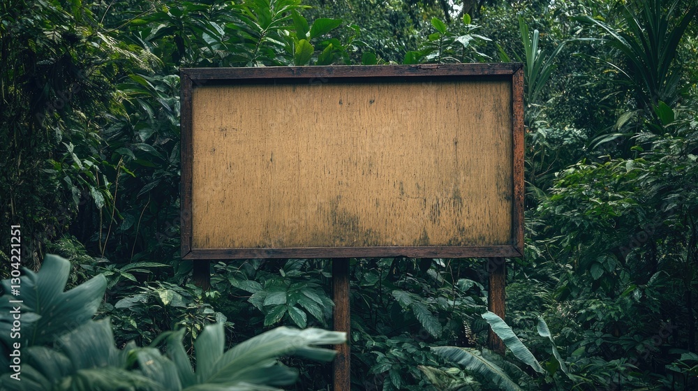 Poster a large, blank wooden signboard stands surrounded by dense jungle foliage, creating a perfect canvas