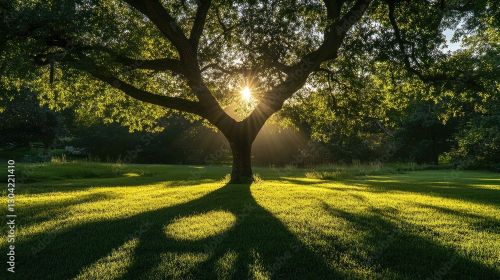 Poster A large tree bathed in sunlight, its shadow forming a heart-shaped pattern on the grass, creating a romantic and peaceful ambiance