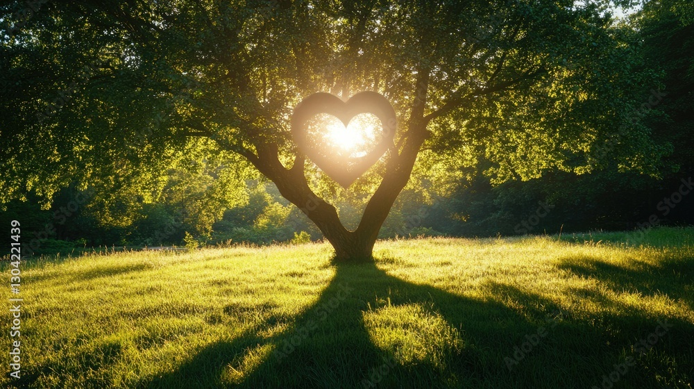 Poster A large tree bathed in sunlight, its shadow forming a heart-shaped pattern on the grass, creating a romantic and peaceful ambiance