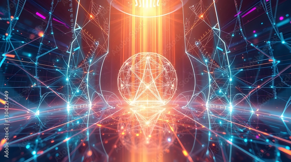 Poster an abstract futuristic scene featuring a glowing sphere surrounded by vibrant light and intricate ne