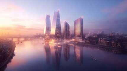 Obraz premium London Cityscape Sunrise Modern Skyscrapers River Reflection