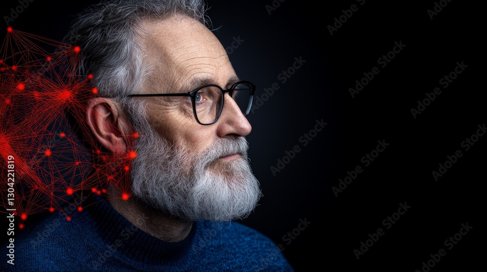 Poster portrait of elderly man with beard against dark background and abstract elements