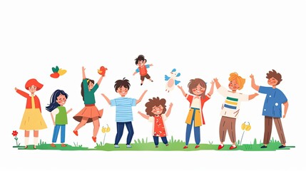 Children celebrating together outdoor park illustration joyful environment wide angle community spirit