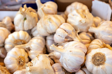 Fresh garlic bulbs with natural texture and earthy tones at a local market. Perfect for food photography, farm-to-table concepts, organic produce, and healthy cooking ingredients