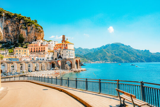 Atrani famous coastline in southern Italy, vertiginous cliffs adorned with colorful villages, turquoise waters. Small town Atrani on Amalfi Coast in province of Salerno, Campania region, Italy