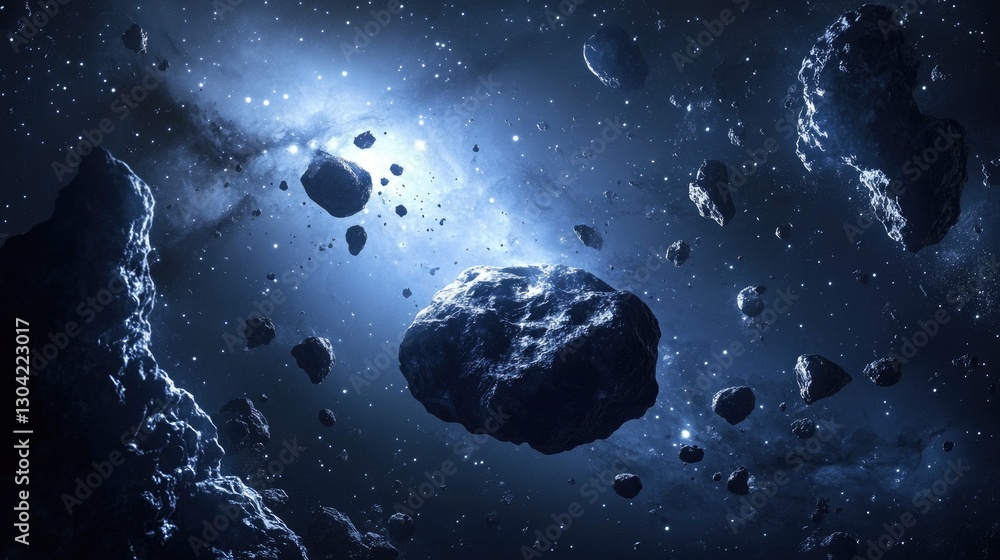 Poster A mesmerizing view of an asteroid belt illuminated by distant stars in the vastness of space, offering a serene and cosmic perspective on the wonders of the universe.