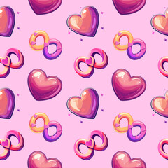 Cute pink love-themed background with hearts and rings. Wedding rings and hearts digital pattern for Valentine’s Day