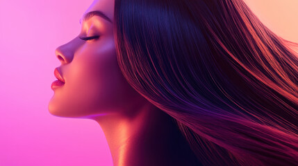 Fototapeta premium Stunning profile of woman with flowing straight hair, illuminated by vibrant colors, showcasing beauty and elegance
