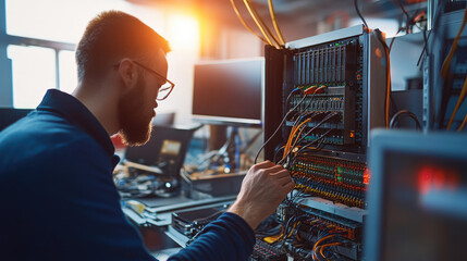 Technician in modern office maintaining network server, surrounded by cables and routers, showcasing focus and professionalism in IT infrastructure management.