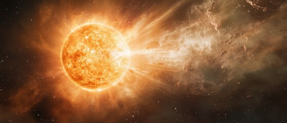 Obraz premium A vibrant sun emits solar flares, illuminating the cosmic scene with fiery energy amidst the vastness of space.