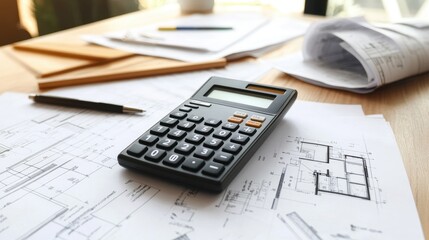 A modern home remodeling credit calculator on a desk, surrounded by blueprints and budgeting documents, illustrating the financial side of home renovation projects