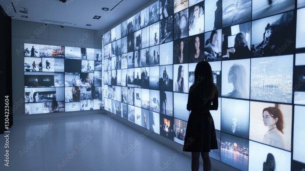 Poster a modern video wall filled with various multimedia images captures the attention of a person, highli