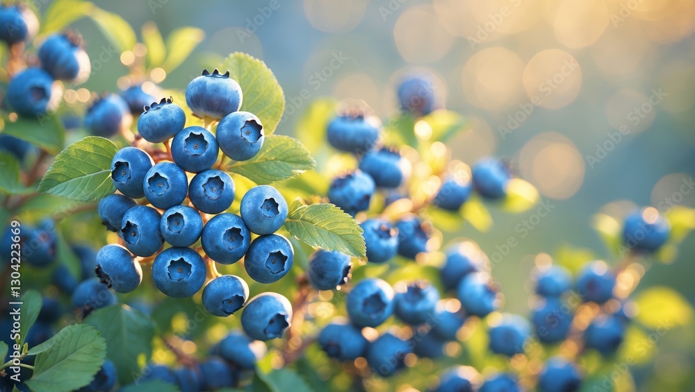 Poster blueberries ripening on the bush in golden sunlight with a soft bokeh background in a tranquil garde