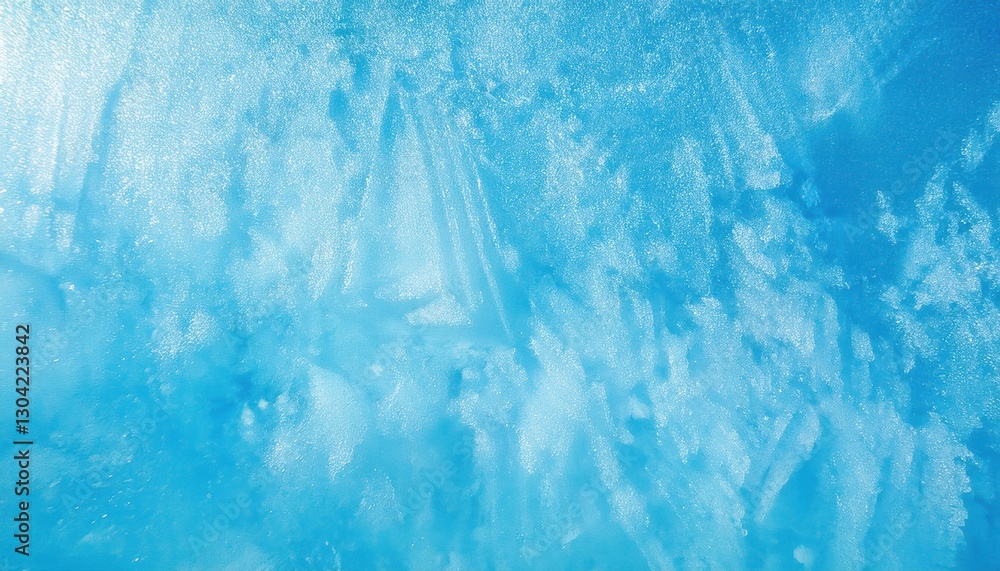 Poster textured frozen ice surface with intricate frost patterns in vibrant blue tones, perfect for winter 