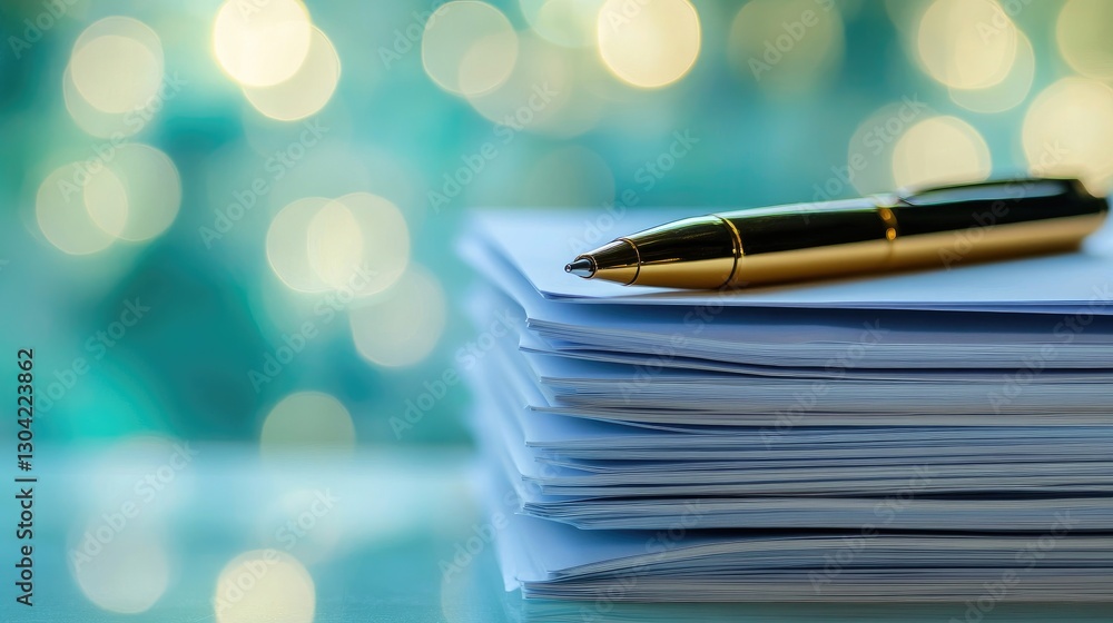 Poster a neat stack of lined papers with a sleek gold pen resting on top, contrasted against a soft aqua bo