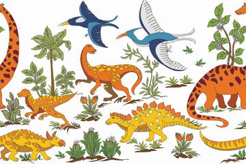 
Tropical Dinosaur Wallpaper Mural for Kids .Seamless pattern with hand drawn dinosaurs and big birds. Set of different dinosaur silhouettes .Dinosaur illustration. Planet of dinosaurs. 
