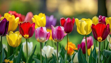 Vibrant tulips in a garden bed, spring blossoms, colorful display