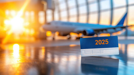 Boarding pass with 2025 in airport terminal with plane and sunset