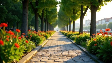 Fototapeta premium Serene Pathway Lined with Lush Greenery and Vibrant Blossoms, Bathed in Golden Sunlight