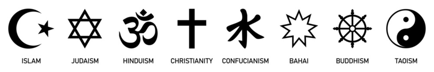 Obraz premium Set of world religion sign symbol. Islam, judaism, hinduism, christiani, confucianism, bahia, buddhism and taoism, with english labeling. Silhouette icons. Flat style. Vector illustration.