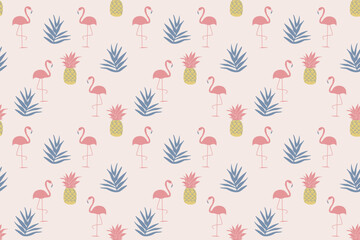 Tropical seamless pattern with pink flamingos, pineapples, and blue palm leaves on pastel