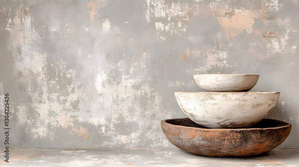 Poster a stylish arrangement of three rustic bowls stacked on a textured gray background, showcasing minima