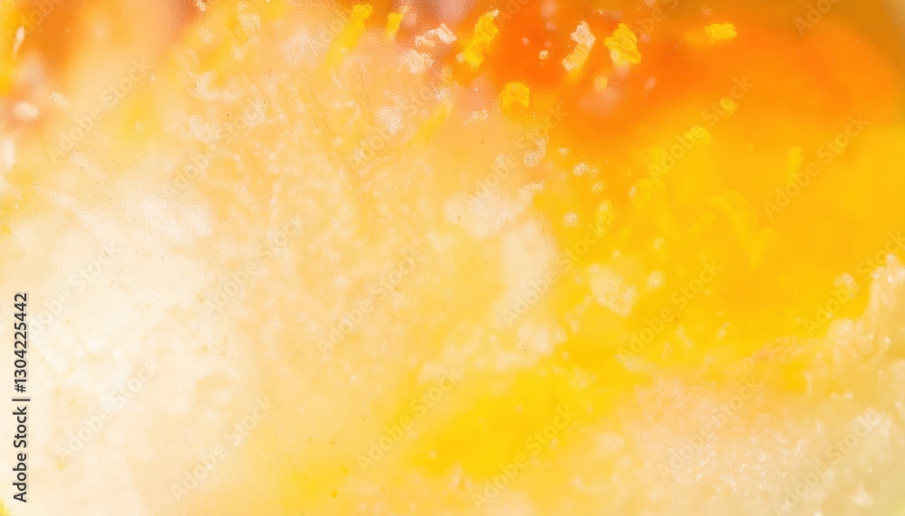 Poster macro shot of frozen orange and yellow citrus fruit slice with icy texture, abstract vibrant backgro