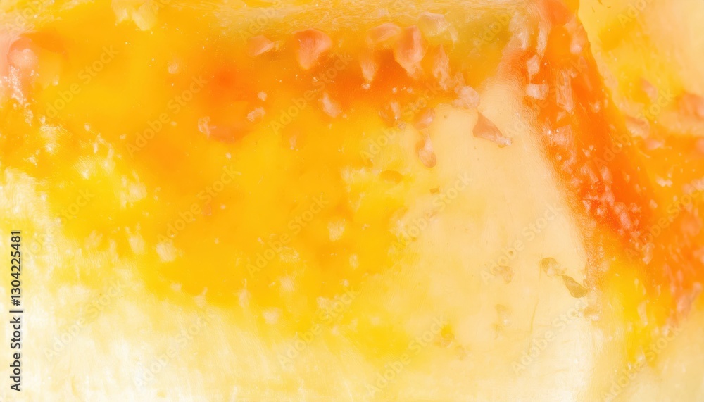 Poster macro shot of frozen orange and yellow citrus fruit slice with icy texture, abstract vibrant backgro