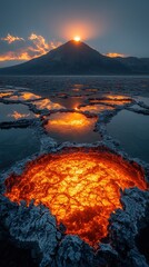 Fototapeta premium A stunning aerial view of an active underwater volcano, with vibrant orange lava bubbling and flowing into the deep blue ocean, creating steam and contrasting colors against the waves.