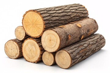 Stack of natural wooden logs with rough bark and visible tree rings on a white background