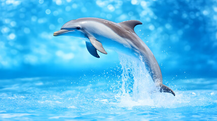 Naklejka premium A playful dolphin leaps out of the water, creating a splash against a vibrant blue background, showcasing its agility and grace