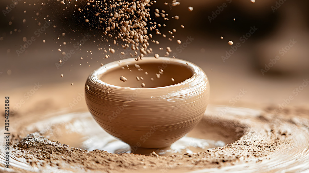 Poster a close-up of a spinning clay pot with particles of dust and earth swirling around it, showcasing th
