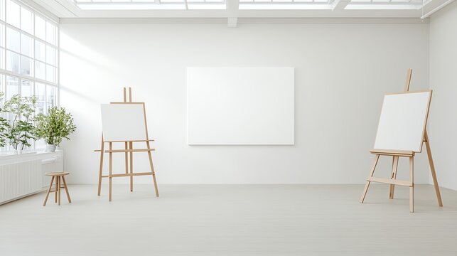 Bright art studio with blank canvases on easels, inviting creativity and inspiration.