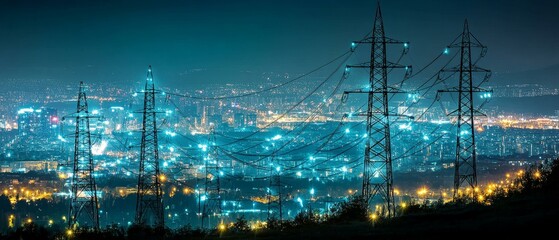 Night City Skyline with Power Lines