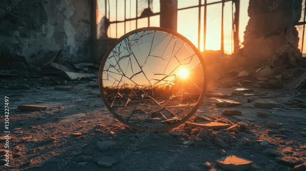 Poster a round mirror, shattered with reflective shards, lies amid debris on the floor of a ruined building