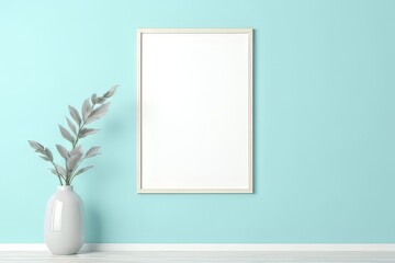 Empty Frame on Mint Green Wall with Plant Decor for Interior Design Inspiration