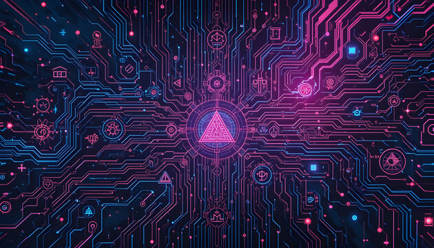 Ancient Glyphs and Glowing Circuits Merge in a Mystical Technological Pattern