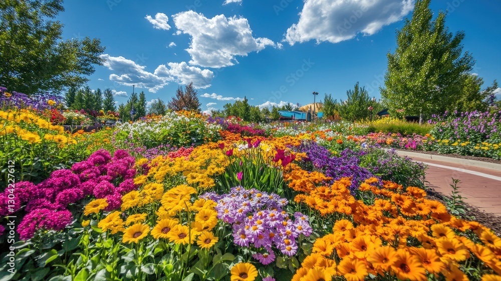 Poster a roundabout filled with colorful flowers, under a cloudless blue sky, creating a cheerful and brigh