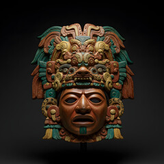 Obraz premium Close-up of a carved Mayan mask with intricate details, symbolizing ancient traditions and artistic heritage.