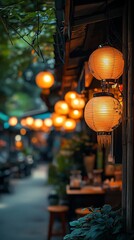 Illuminated Asian alleyway lanterns, night market, blurred background