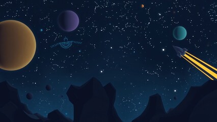 Rocket Launching into a Starry Night Sky with Planets and Alien Spaceship