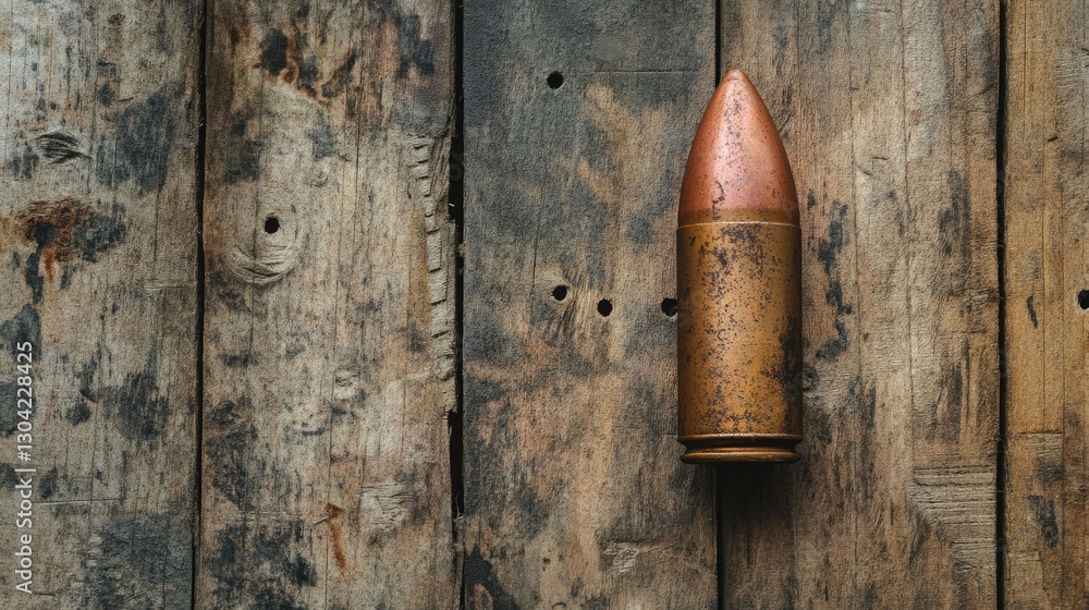 Poster a rusty ammunition shell and weathered wooden background create a war relic scene, evoking a sense o